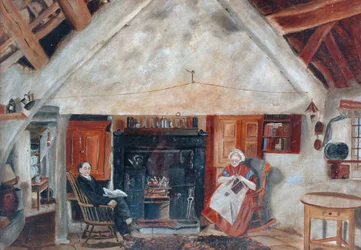 Interiør i Cruck Cottage, muligens Shipley Glen