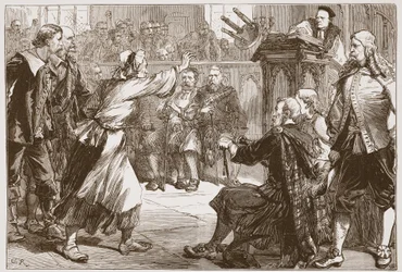 Janet Geddes kaster krakken mot dekanen i Edinburgh, illustrasjon fra The History of Protestantism av James Aitken Wylie (1808-1890), pub. 1878