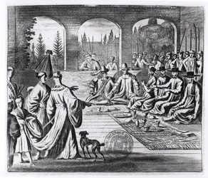 Jesuitter med nederlandske og portugisiske kjøpmenn ved hoffet til den japanske keiseren, illustrasjon fra A Memorable Embassy to the Emperor of Japan av Arnold Montanus, utgitt i London 1670