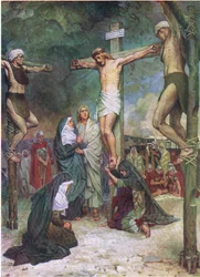 Jesus på korset, fra Bibelbildeboken utgitt av Thomas Nelson, ca. 1950 (fargelitografi)