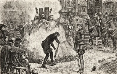 John Bland, John Frankesh, Nicholas Sheterden og Humphrey Middleton ble brent levende for kjetteri på 1500-tallet, ca. 1865 (tregravering)