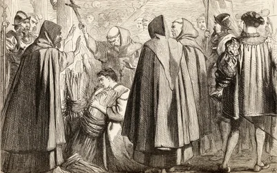 John Frith var i ferd med å bli brent på bålet for kjetteri i 1533, ca. 1865 (tregravering)