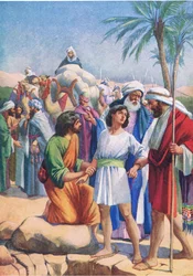 Joseph solgt av brødrene hans, fra The Bible Picture Book utgitt av Thomas Nelson, ca. 1950