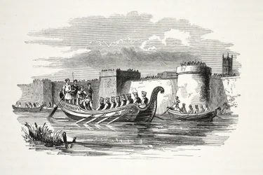 Kong Edgar rodde av åtte konger på River Dee, pub. 1800-tallet (stålgravering)