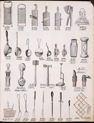 Kjøkkenutstyr, fra en handelskatalog over husholdningsvarer og tilbehør, ca. 1890-1910