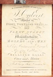 Etikett påført esken til et engelsk sjakksett med quot;Calvertquot;-mønster og elfenben, ca. 1826–50 (trykk)