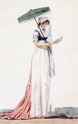 Elegant sommerkjole for damer med parasoll, fra Delacourt, 1770 (fargegravering)