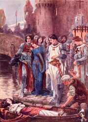 Lancelot ser på den døde damen av Shalott når hun kommer til Camelot. Farget illustrasjon fra boken The Gateway to Tennyson utgitt 1910.