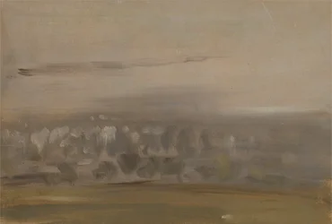 Landskap med trær på en skråning (Wooded Valley, sett gjennom Mist) tidligere tilskrevet JMW Turner (1775-1851) og også tilskrevet Peter de Wint (1784-1849) (olje på papir)