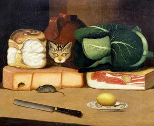 Spisehus stilleben med en katt som jakter på en mus, ca. 1840