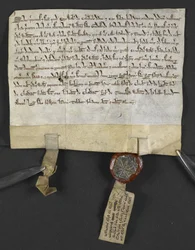 Latinsk skjøte med hebraisk quitclaim (festet til seglet), av Jacob ben Aaron som frigir et stykke land til William le Briel. England