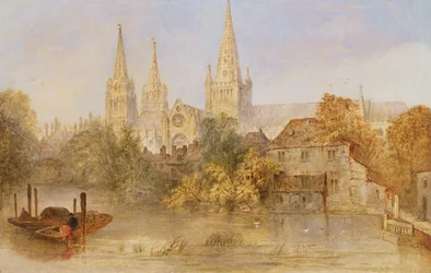 Lichfield Cathedral fra Stowe Pool, ca. 1850