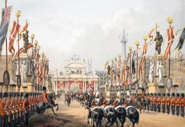 London Bridge, holdt av Honorable Artillery Company of London, fra A Memorial of the Marriage of Edward VII and Alexandra of Denmark, pub. 1864