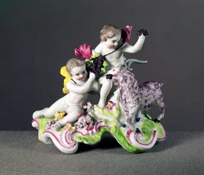 Longton Hall-gruppen, to putti med geit, ca. 1755 (porselen)
