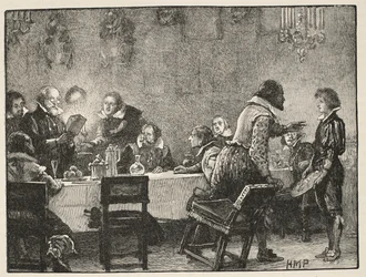 Lord Monteagle og advarselsbrevet om Gunpowder Plot, illustrasjon fra Cassells Illustrated History of England (sepiafoto)