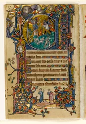 MS 1-2005, fol. 139v: Annunciation to the Shepherds, historikk initial fra Macclesfield Psalter, Use of Sarum, East Anglia, ca. 1330