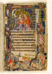 MS 1-2005, fol. 39r: The Anointing of David and Trumpeters, historisk initial fra Macclesfield Psalter, Use of Sarum, East Anglia, ca. 1330