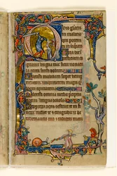 MS 1-2005, fol. 76r: Doeg dreper prestene i Nob, historisk initial fra Macclesfield Psalter, Use of Sarum, East Anglia, ca. 1330