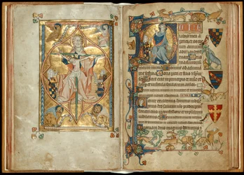MS 242 f. 28v-29r Barmhjertighetens trone med beskyttere, Kristus velsignelse med en beskytter, ca. 1314-30 (bladgull og tempera på pergament)