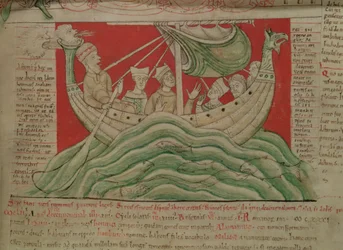 MS CCC 157 s.383 Visjonene drømt av kong Henry I i Normandie i 1130, fra Worcester Chronicle, c.1130-40 (vellum) (detalj av 95507)