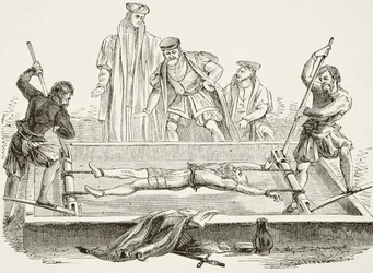 Mann blir torturert på straffestativet, fra «The National and Domestic History of England» av William Hickman Smith Aubrey (1858–1916), utgitt i London, ca. 1890 (litografi)