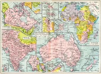 Kart over britiske eiendeler i 1914 ved utbruddet av første verdenskrig, fra The British Empire Universities Modern English Illustrated Dictionary, pub.1914