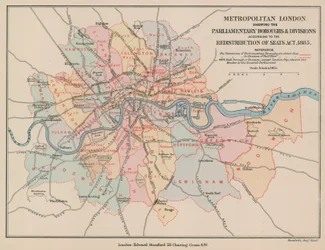Kart over Metropolitan London som viser de parlamentariske bydelene og avdelingene, 1885