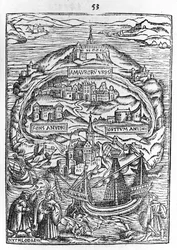 Kart over øya Utopia, bokfront, 1563