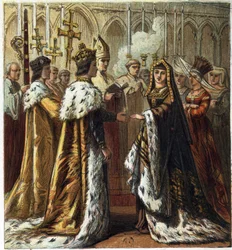 Ekteskap mellom Henrik VII, konge av England (1457-1509) med Elizabeth av York (1466-1503) 18. januar 1486. Ekteskap med Henry Seventh og Elizabeth av York. kromolitografi i "" Pictures of English History"" utgitt av George Routledge & Sons.1890. Privee