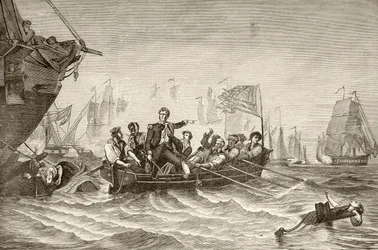 Mesterkommandant Oliver Hazard Perry overfører fra US Brig Lawrence til US Brig Niagra under slaget ved Lake Erie (litho)