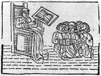 Mester og elever, ca. 1481 (tresnitt)
