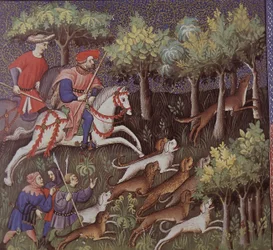 Middelalderaristokrater som jakter rever (tempera på papir)