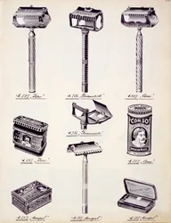 Barberutstyr for menn, fra en handelskatalog over husholdningsvarer og beslag, ca. 1890-1910