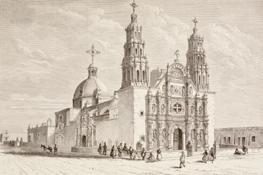 Metropolitan katedral i Plaza de Armas, Chihuahua, Mexico på det nittende århundre (litho)