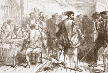 Mouchares-band som angriper protestantene på herberget i Faubourg St. Germain, illustrasjon fra The History of Protestantism av James Aitken Wylie (1808-1890), pub. 1878