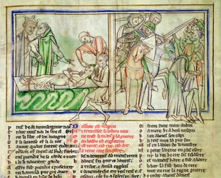 Ms.Ee.3.59 fol.6r Harald Harefoot fører tilsyn med torturen av Alured og undertrykkelsen av folket i England, fra livet til St. Edward Bekjenneren, ca. 1250-60