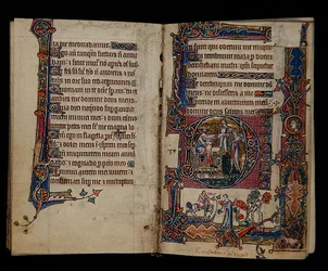 Ms 1-2005, ff.57v-58r: Saul sender Doeg for å drepe prestene i Nob, historisk initial fra Macclesfield Psalter, Use of Sarum, East Anglia, ca. 1330 (vellum)