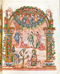 Ms 274 (Y-6) fol.33 Bebudelsen til hyrdene og flukten til Egypt, fra Missalet til Robert av Jumieges, ca. 1016