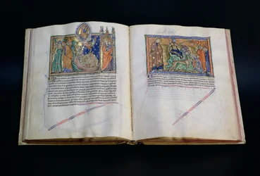 Ms L.A. 139-Lisboa fol.37 v-38 Dyret som spotter Guds navn, og folket som tilber det 3. og 2. dyret, fra Gulbenkian Apocalypse, ca. 1265-70