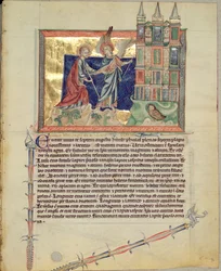 Ms L.A. 139-Lisboa fol.74 En engel som viser det nye Jerusalem til St. John the Evangelist, fra Gulbenkian Apocalypse, ca. 1265-70