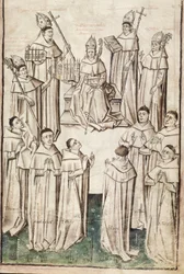 Ms. New Coll 288, f4r. (Chaundler-manuskript), Life of William of Wykeham av Thomas Chaundler (penn og blekk og tempera på vellum)