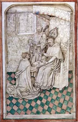 Ms R 14.5 f.8v Thomas Bekynton, biskop av Bath og Wells, mottar Chaundler, fra Abingdon Missal, 1457-61