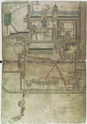 Ms R 171 f.285 Plan over Canterbury Cathedral og rørleggersystemet, fra 