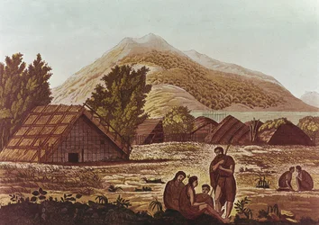 Innfødte, med hytter og fjell bak, gravert av F. Fumagalli (fargegravering)