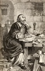 Nicholas Ridley skrev brev i fengselet mens han ventet på henrettelse, ca. 1865 (tregravering)