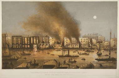 Nattvisning av brannen i 1861 i Tooley Street, Bermondsey, 1861
