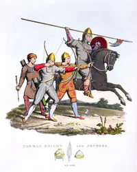 Norman Knight and Archers, 1066, fra Ancient Armour, av Samuel Rush Meyrick, 1824