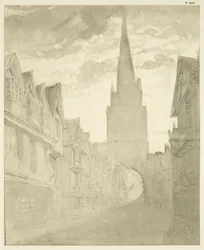 Nordutsikt over St Mary Redcliffe Church fra Redcliffe Street (blyant og akvarell på papir)