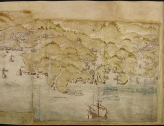En del av et panoramakart over kysten fra Lands End til Exmouth, ca. 1539 (penn og blekk med vask på papir)