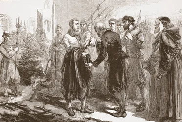 Avskjed av Patrick Hamilton fra vennene hans på bålet, illustrasjon fra The History of Protestantism av James Aitken Wylie (1808-1890), pub. 1878